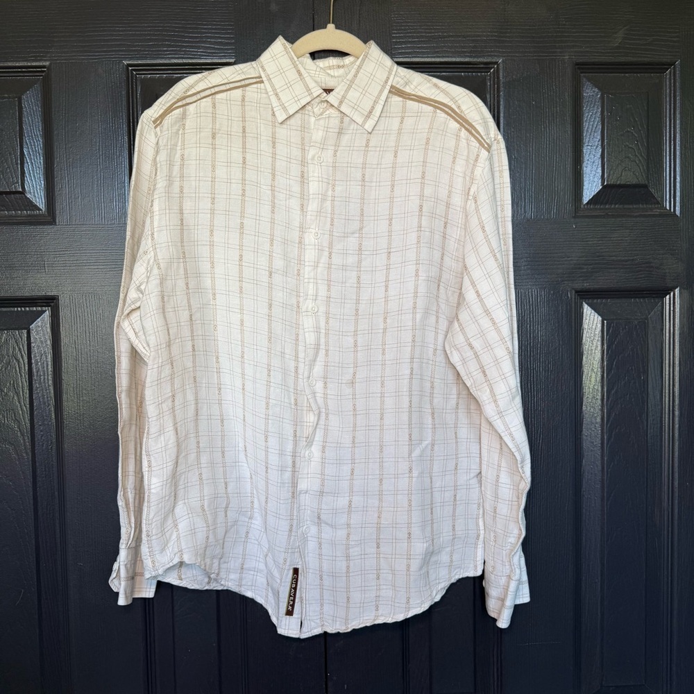 Cubavera Large Stone Beige+ Tan Aztec Plaid Khaki Trim Linen Rayon BD Shirt M